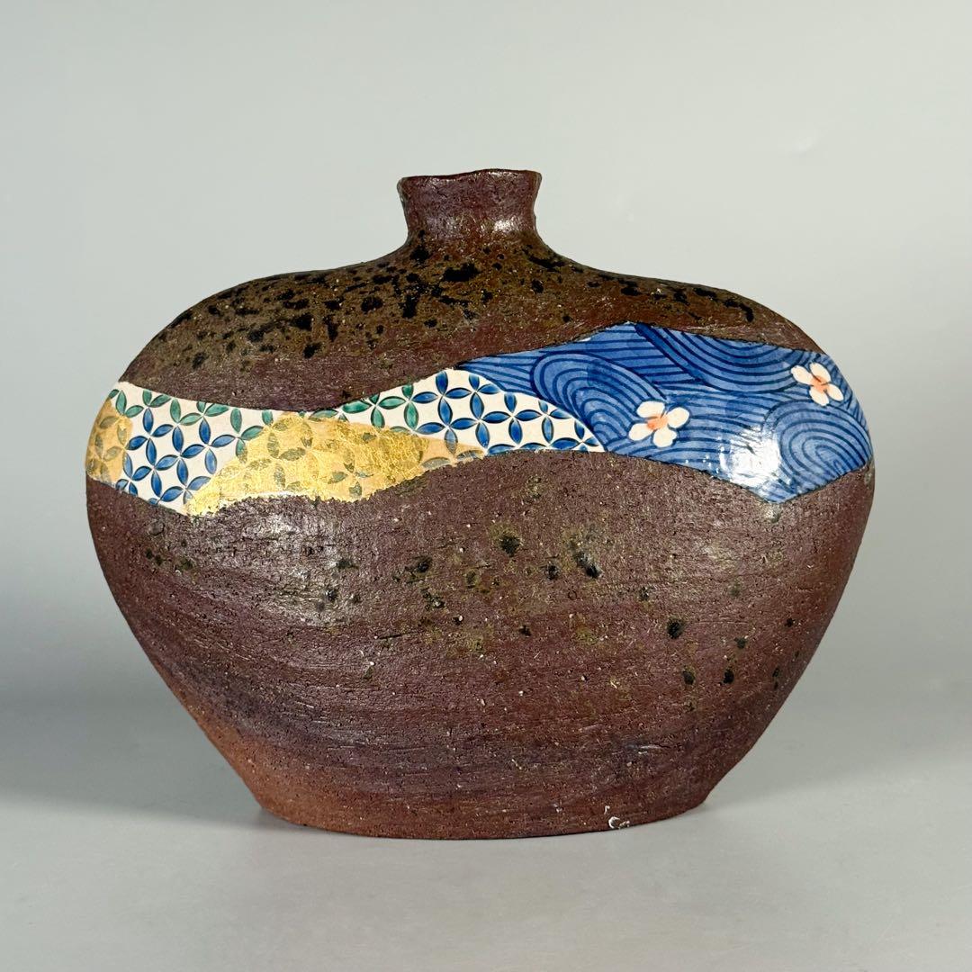 中村梅山 造】象嵌色絵扁壷 在銘 飾壺 陶芸家 加賀の仁清 花