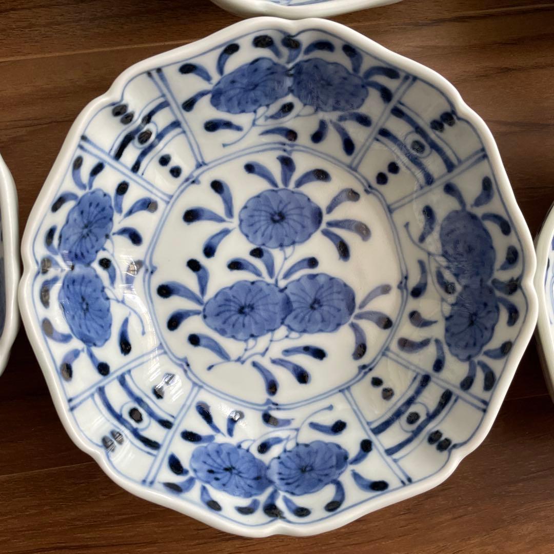 新品 岩永浩 芙蓉手草花文輪花向付 14.5cm 6個セット 染付 有田焼