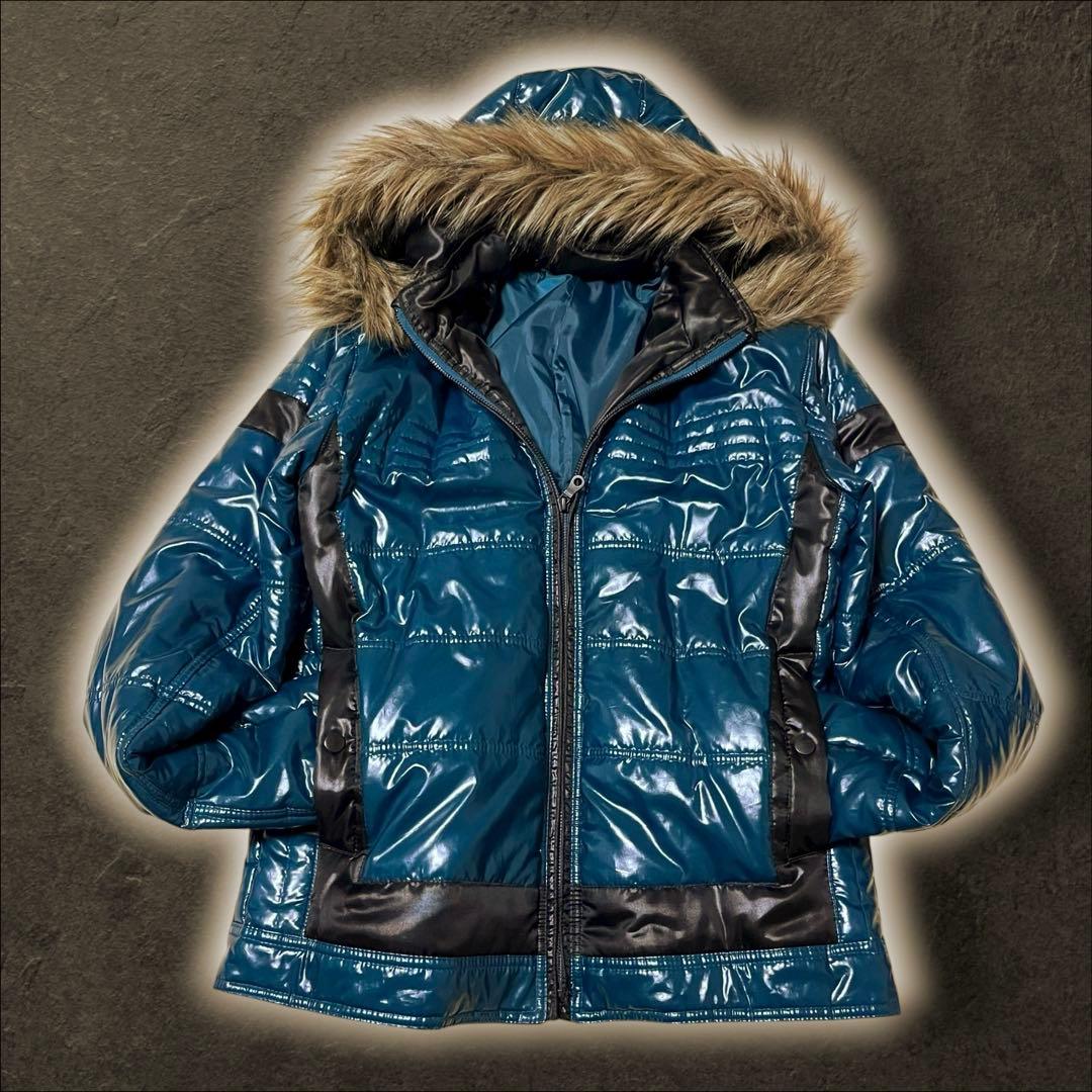 00s y2k ファーダウンジャケット 平成 お兄系 光沢 タイト 青緑 短丈