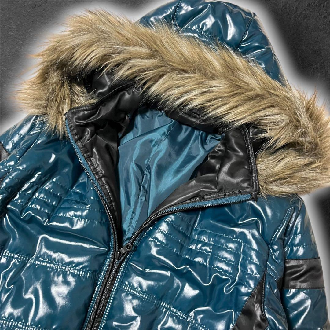 00s y2k ファーダウンジャケット 平成 お兄系 光沢 タイト 青緑 短丈