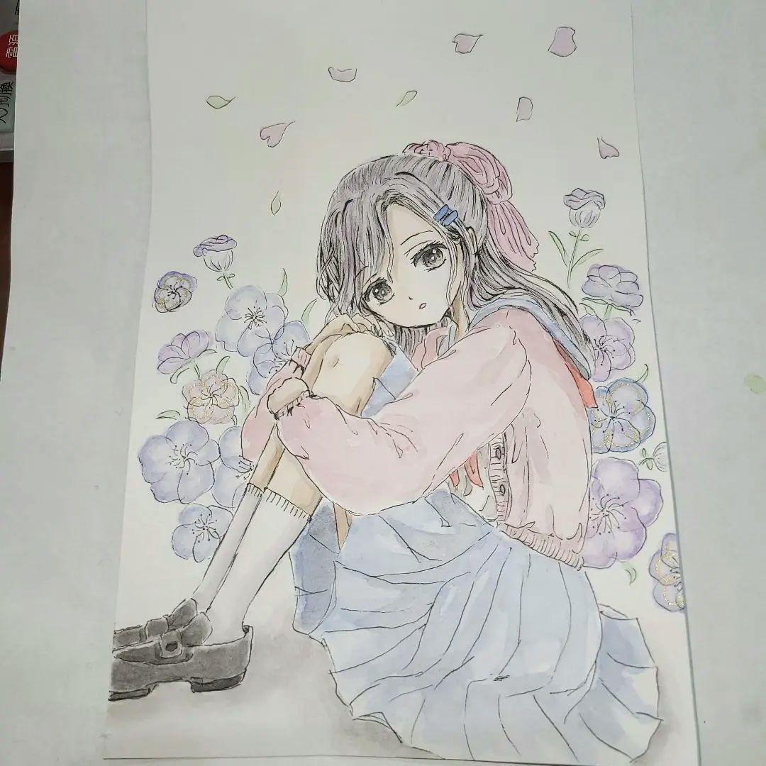 手描きイラスト アナログ セーラー服の女の子 水彩画 - メルカリ