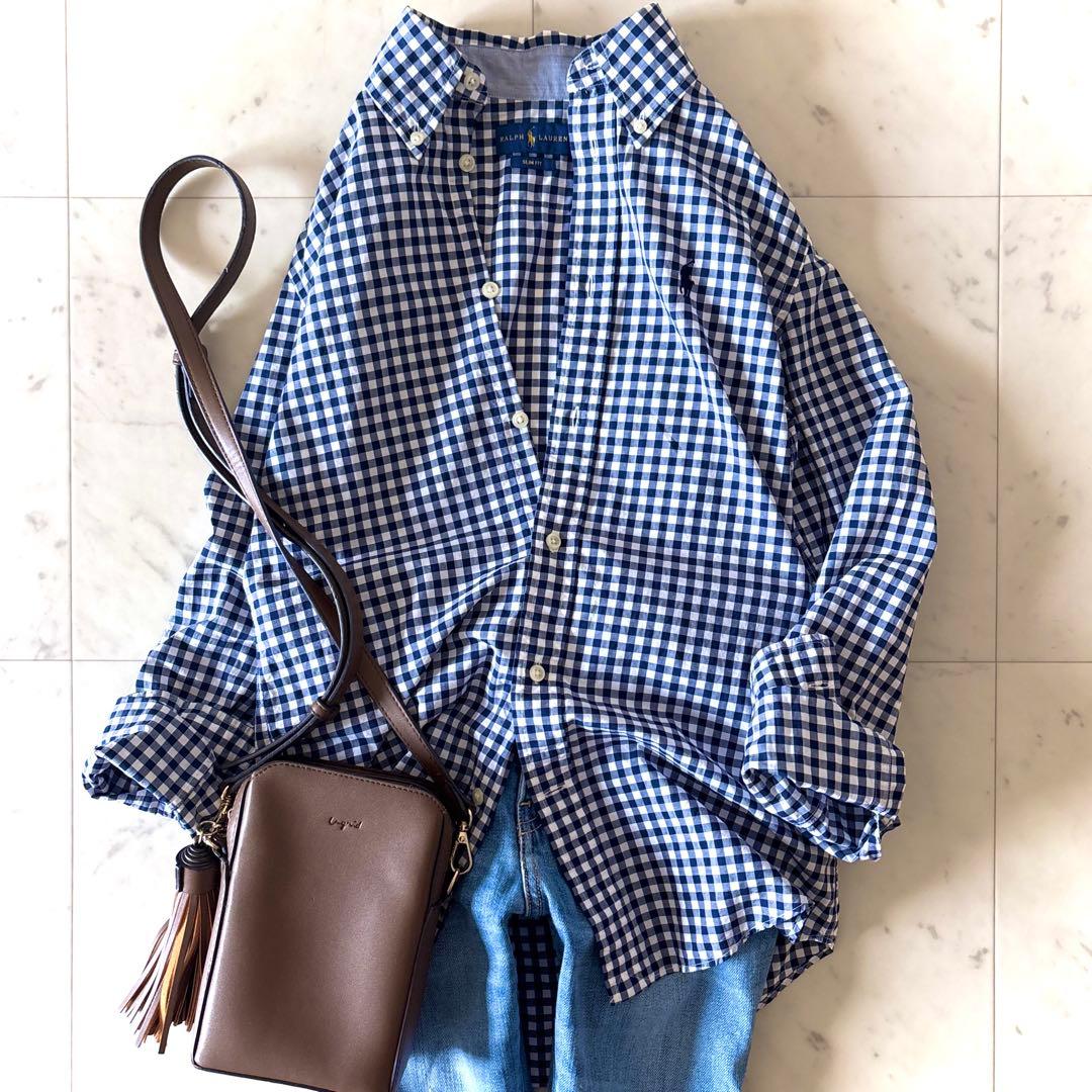 人気 ラルフローレン ギンガムチェック コットンシャツ ネイビー