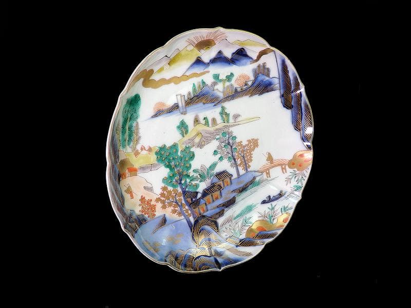 古伊万里 色絵 朝日に山水の図 7寸半皿 B295A-CQc