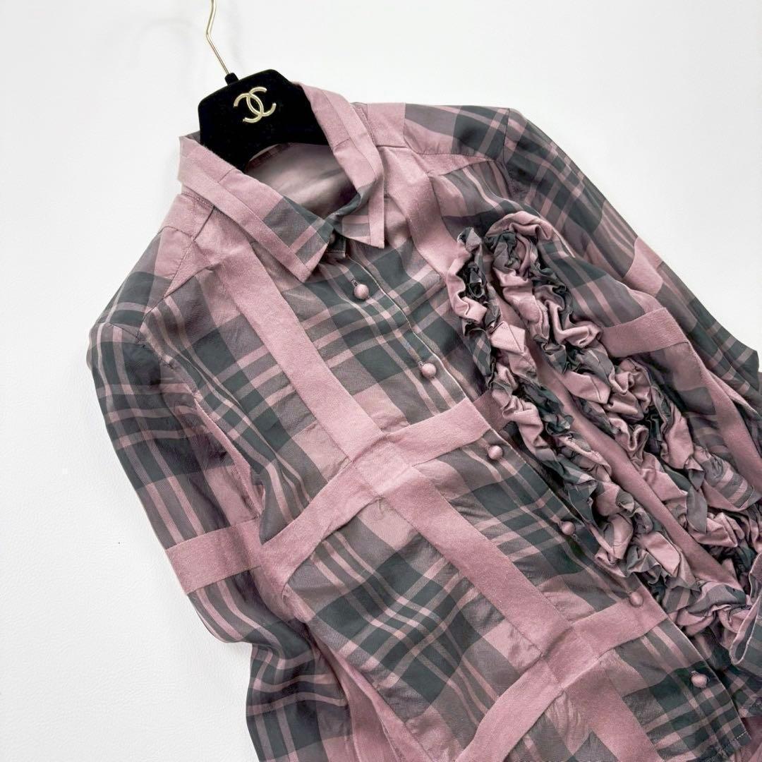 チカキサダ 長袖 フリルデザイン ブラウス チェック リボン