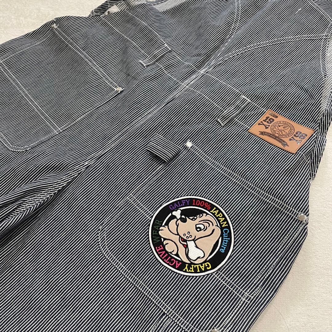 GALFY 石ちゃんオーバーオール デニム ワッペン ストライプ 犬 タグ
