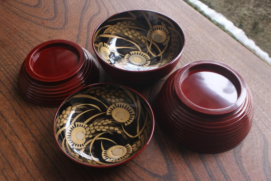 デッドストック！深みある糸目紅溜塗に極上稲穂福来雀蒔絵のお椀2