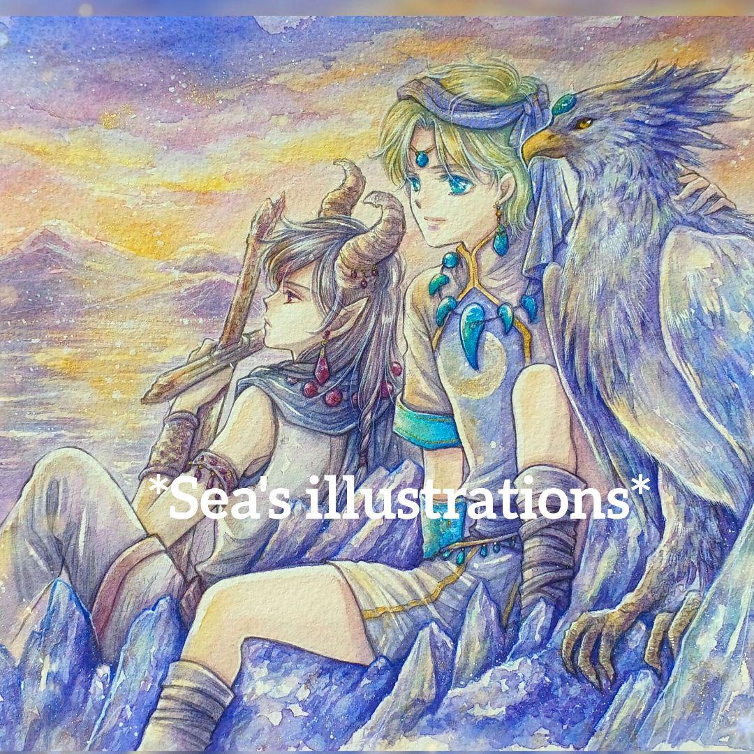 ◆蒼のくに◆手描きイラスト 🦑🐙🩵 #イラスト#illustration#art