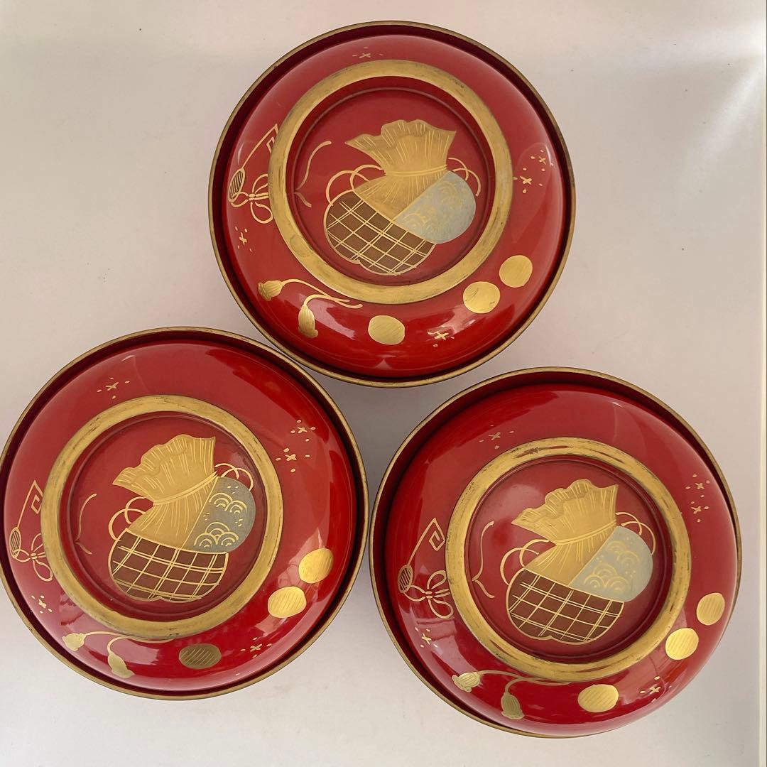 時代物】輪島塗 朱塗 金蒔絵 吸物椀 蓋付椀 3客 木製 漆器 正月 茶懐石