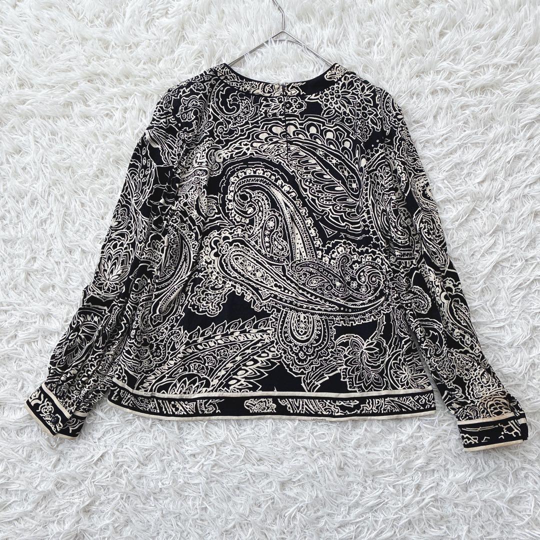 レオナール ウールシルク混 ペイズリー 長袖シャツ ブラウス トリム 黒