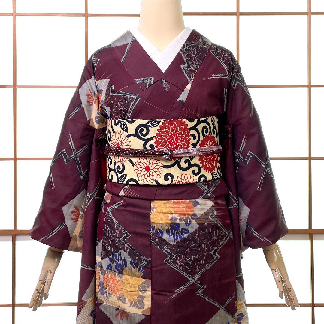 銘仙 着物 袷 正絹 松皮菱 菊花 葡萄茶 アンティーク着物 A-2742