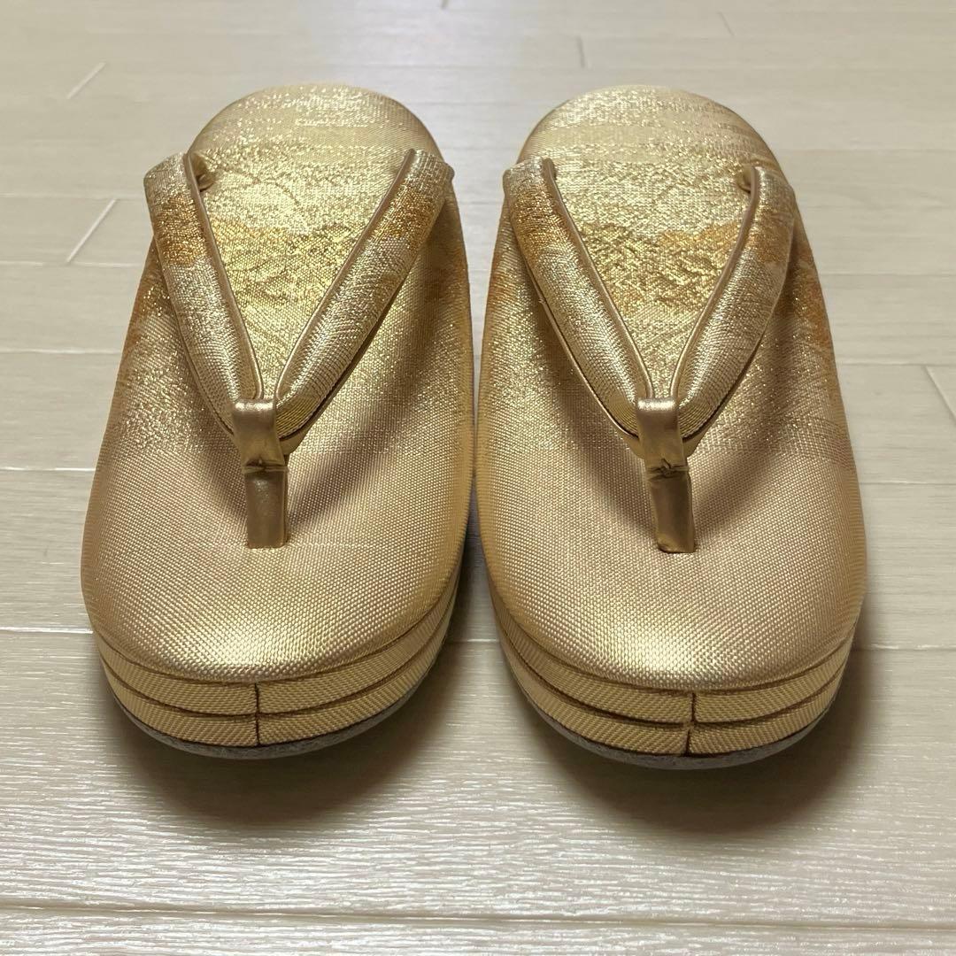 《未使用》佐賀錦　草履バッグセット　東京芝山　正絹　ゴールド　金糸