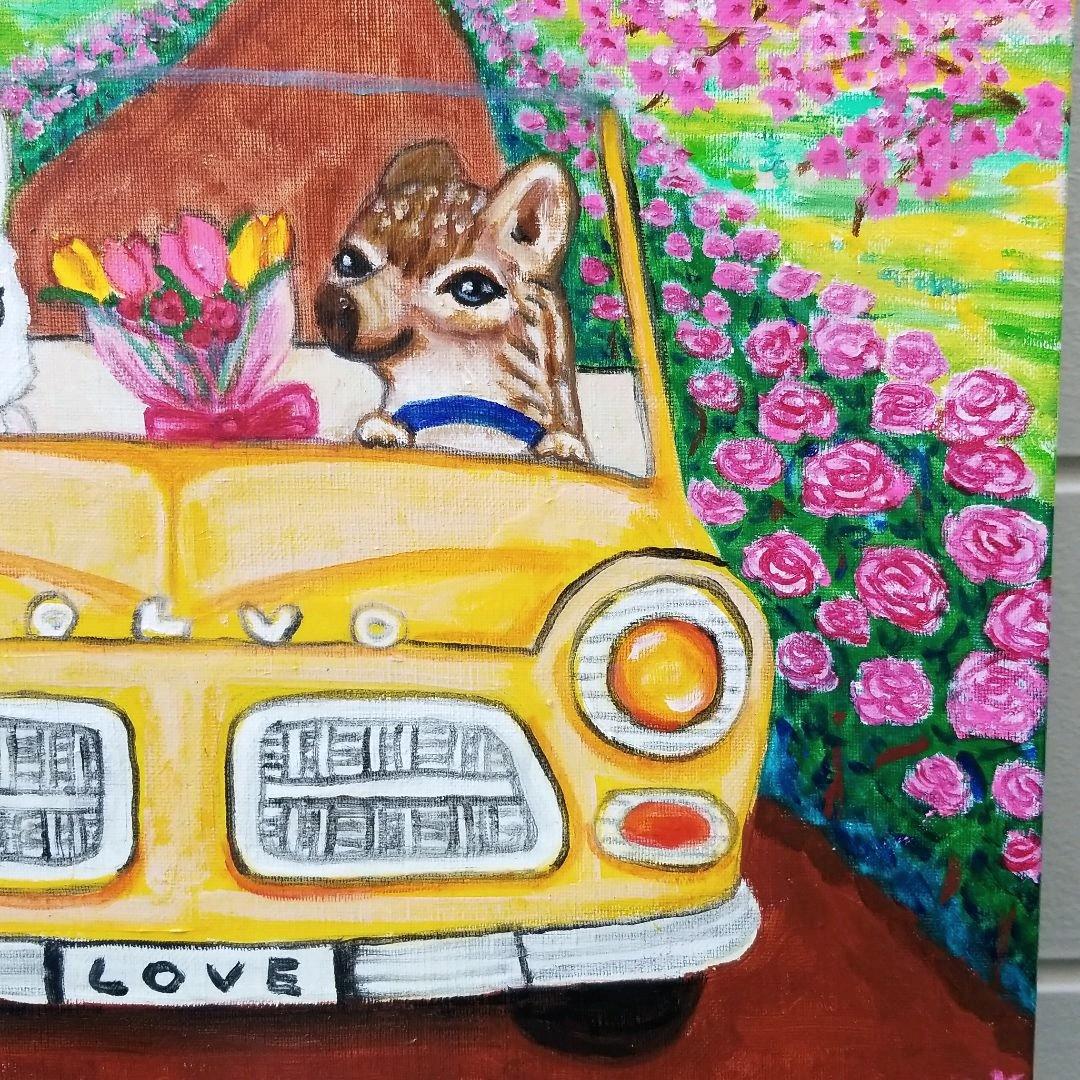 油絵　星野莉莉　ボルボに乗るうり坊とうさぎさんのカップル　バラとさくら
