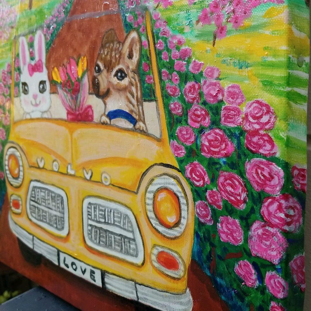 油絵　星野莉莉　ボルボに乗るうり坊とうさぎさんのカップル　バラとさくら
