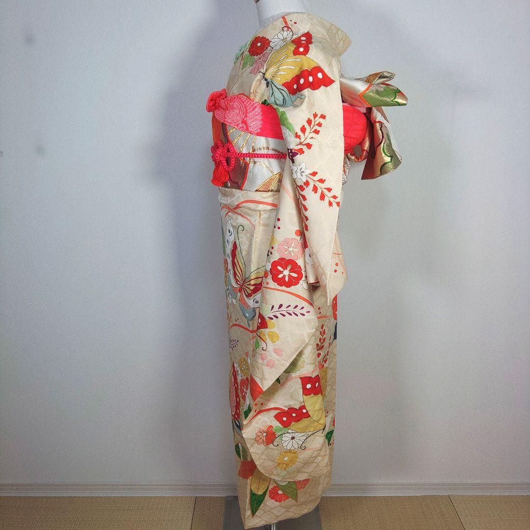 格安！ 振袖フルセット 8点 成人式 結婚式 前撮り 蝶々 クリーム色