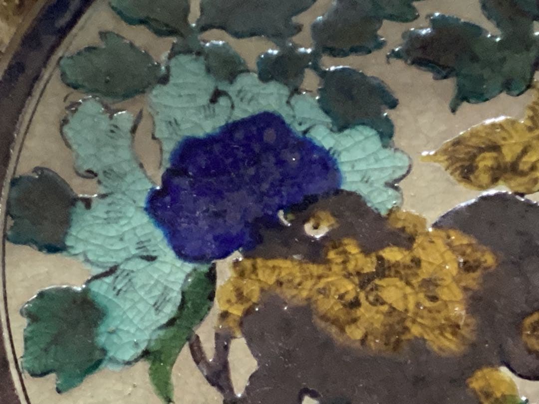 古九谷青手唐絵見付鉢 江戸時代 緑角福 獅子に牡丹紋 再興九谷 骨董 美