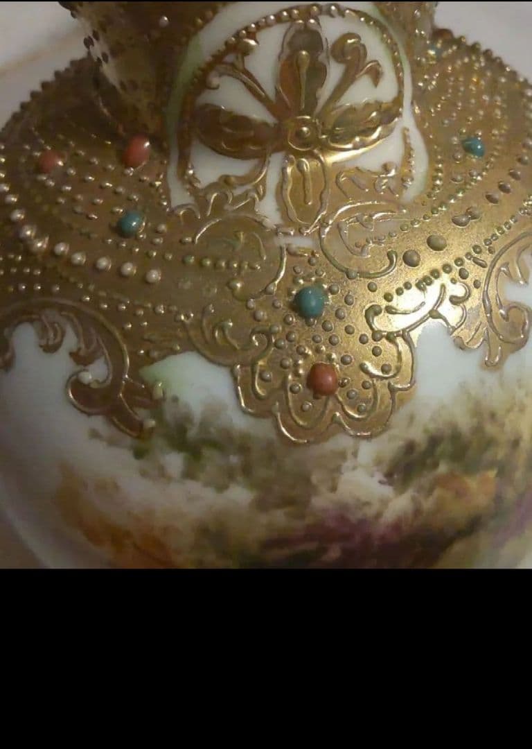 美*穂様 オールドノリタケ 金彩 メイプルリーフ エナメルビジューの美しい風景絵 ノリタケ オールドノリタケ アンティーク【金彩花紋飾り皿】○繊細絵