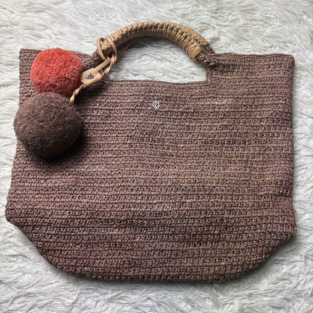 極美品 ヘレンカミンスキー ラフィア カゴバッグ ポンポン 本革