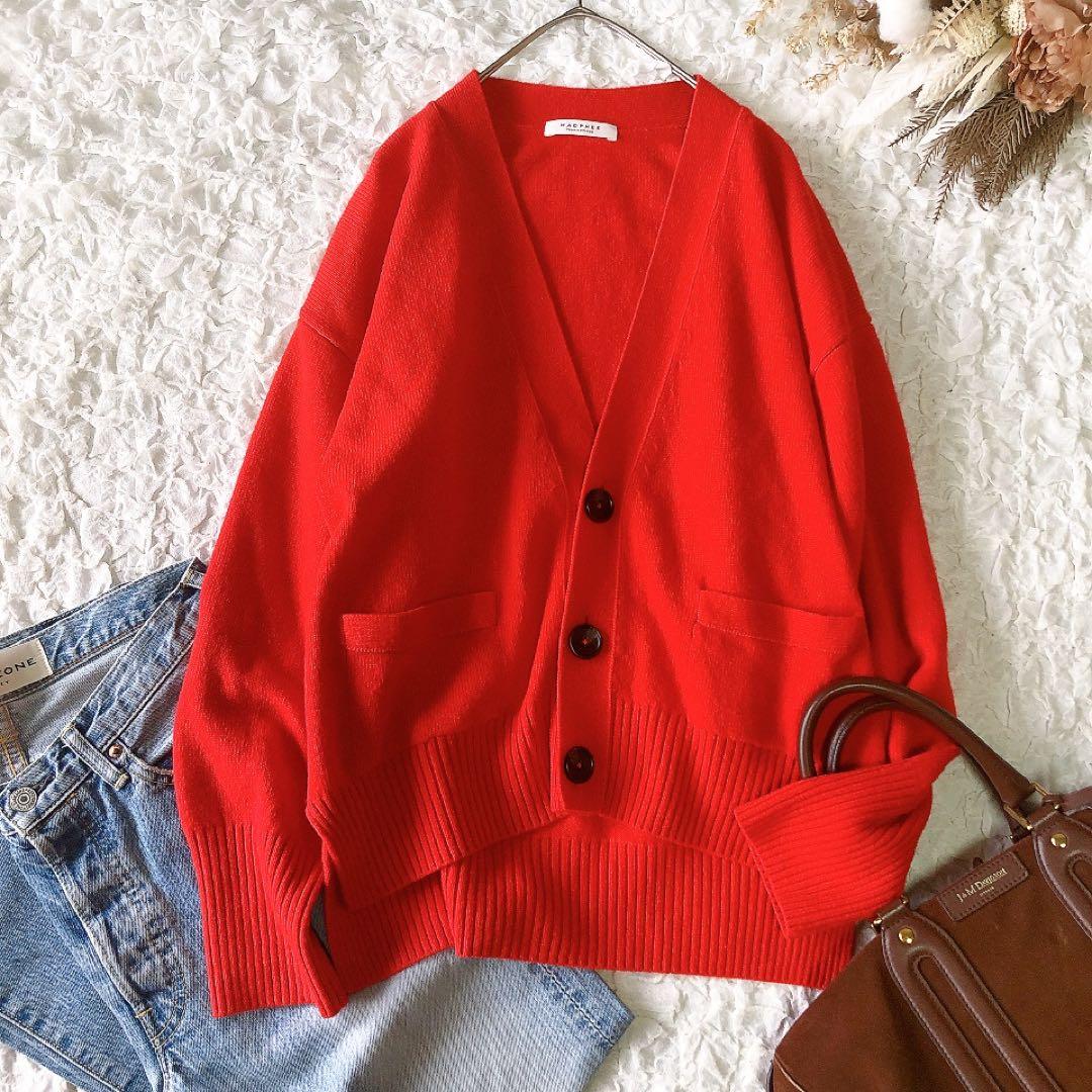 マカフィー MACPHEE Vネック カーディガン カシミヤ混 レッド 赤