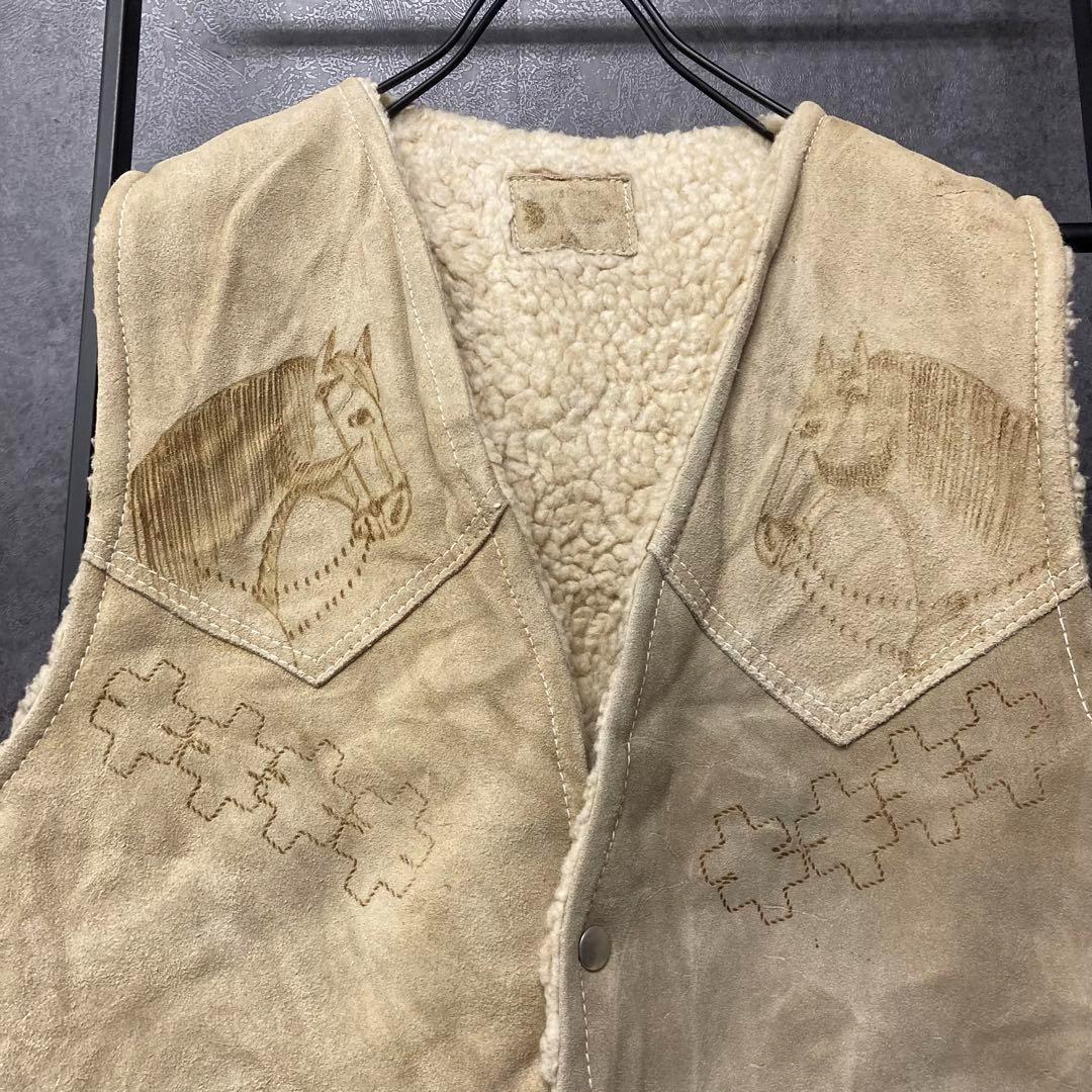 《US古着》ウエスタン ヴィンテージ レザー 裏ボア ベスト メンズM-L