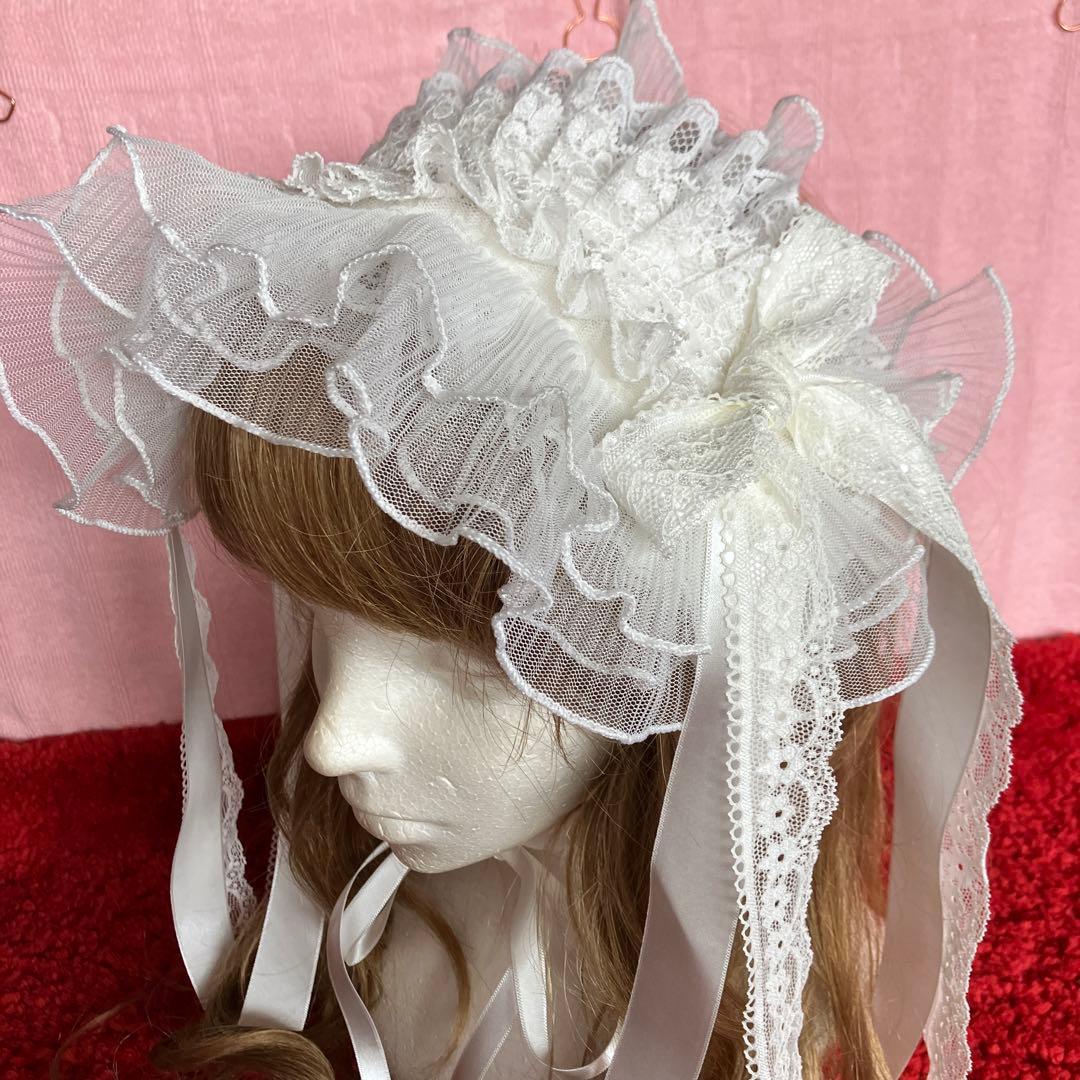 オフホワイトロングリボン】ハーフボンネット風ヘッドドレス【手作り