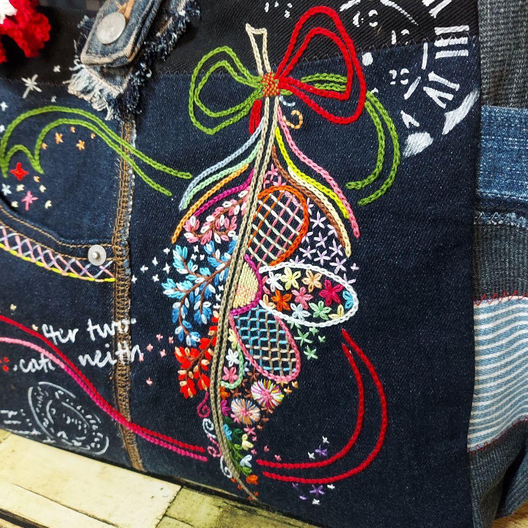 Kal様専用】大きな刺繍デニムバック No.651 デニムリメイク 特大バック