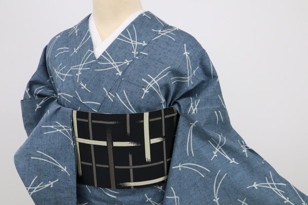 《浴衣■綿紬◆シンプルこぼれ松葉■灰青◆木綿■◆夏着物◆UH8-13》