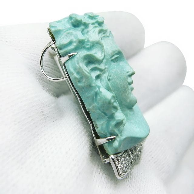 トルコ石カメオダイヤブローチ/ペンダント K18WG/K14WG 10.8g