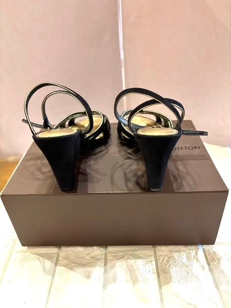 ルイヴィトンエレガント ブラック スエードストラップヒールサンダル#38