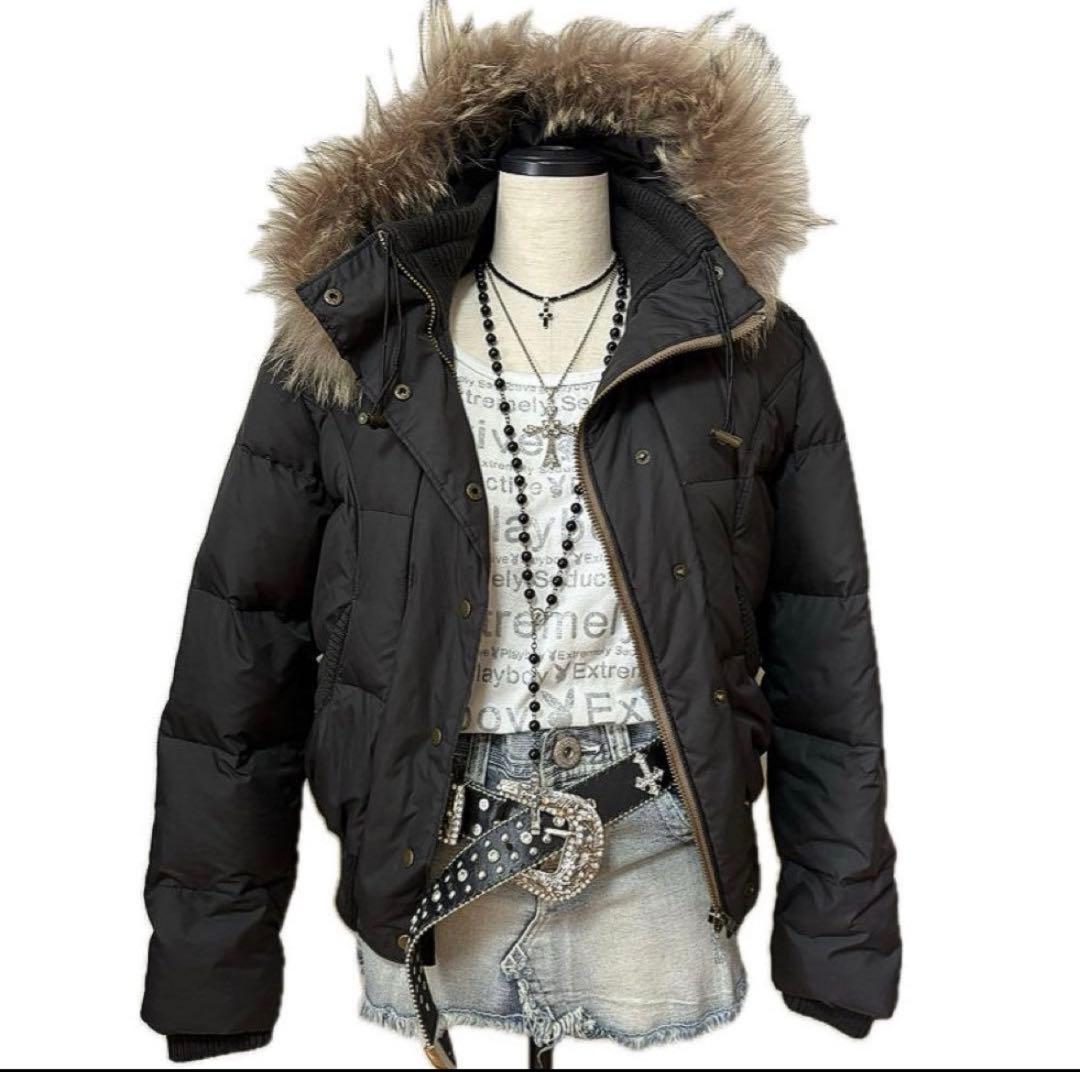 ファーフード付きダウン y2k ダークコア 平成ギャル ジャンバー - メルカリ