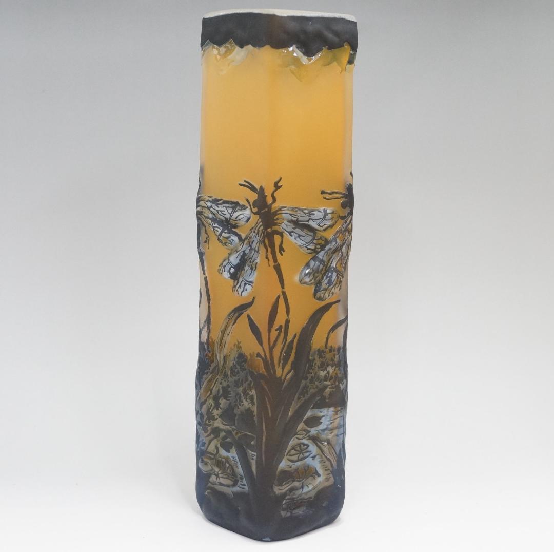 証明書】 エミール ガレ 特大 蜻蛉文 花器 花瓶 技法スフレ 被せガラス