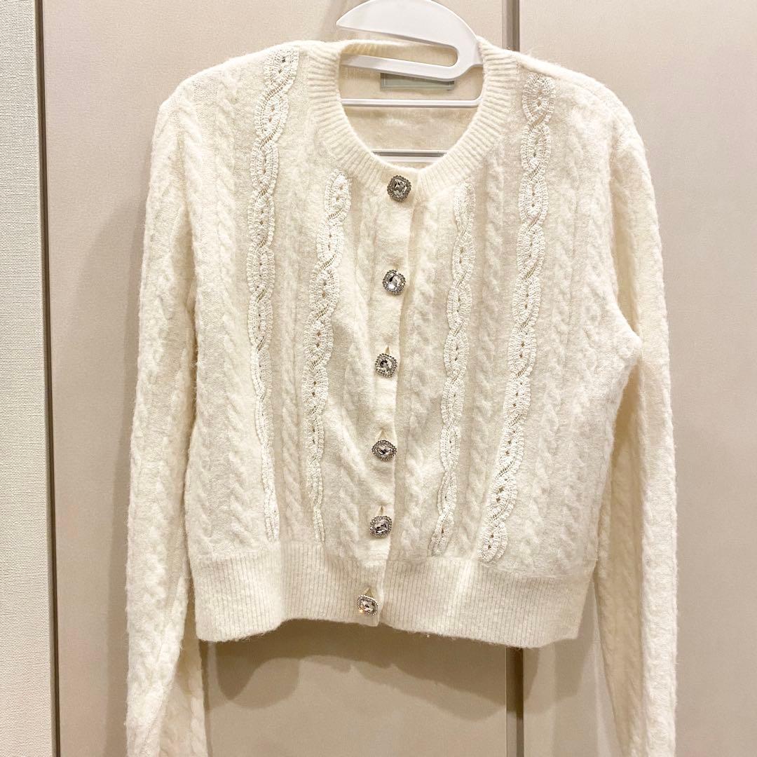 セルフォード 25SS アルパカ混 ケーブルレースデザインカーディガン 白