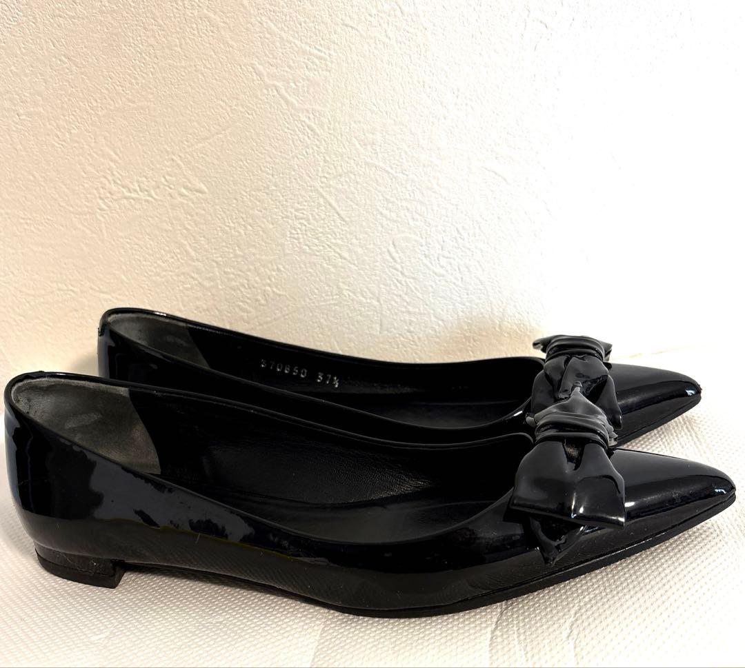 GUCCI ポインテッドトゥリボンパンプス バレエシューズ 37.5 黒 グッチ