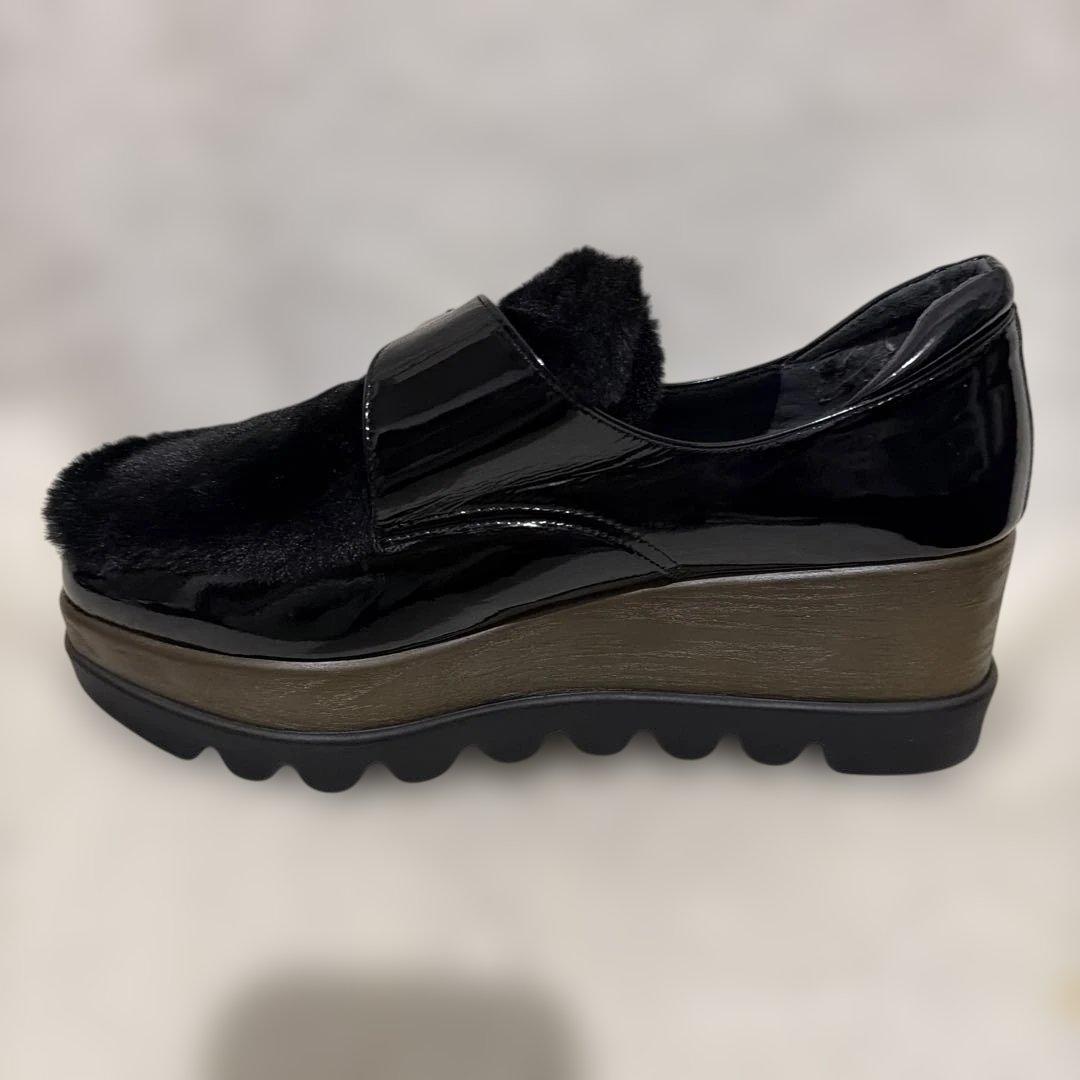 ヒルズアベニューOCEANICA ブラック エナメル ファー シューズ 厚底 黒
