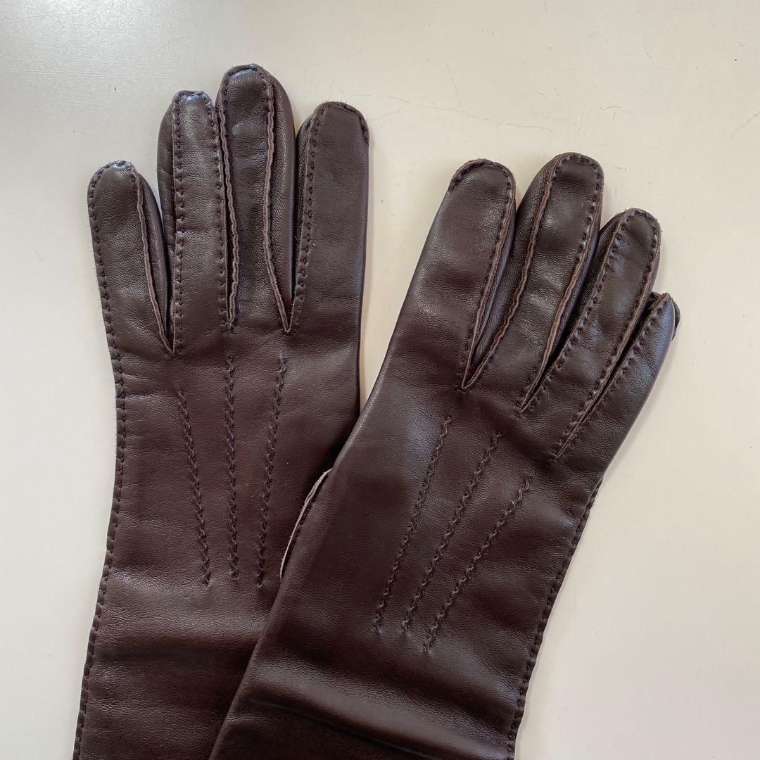 美品 エルメス レディース レザーロンググローブ ブラウン 革手袋