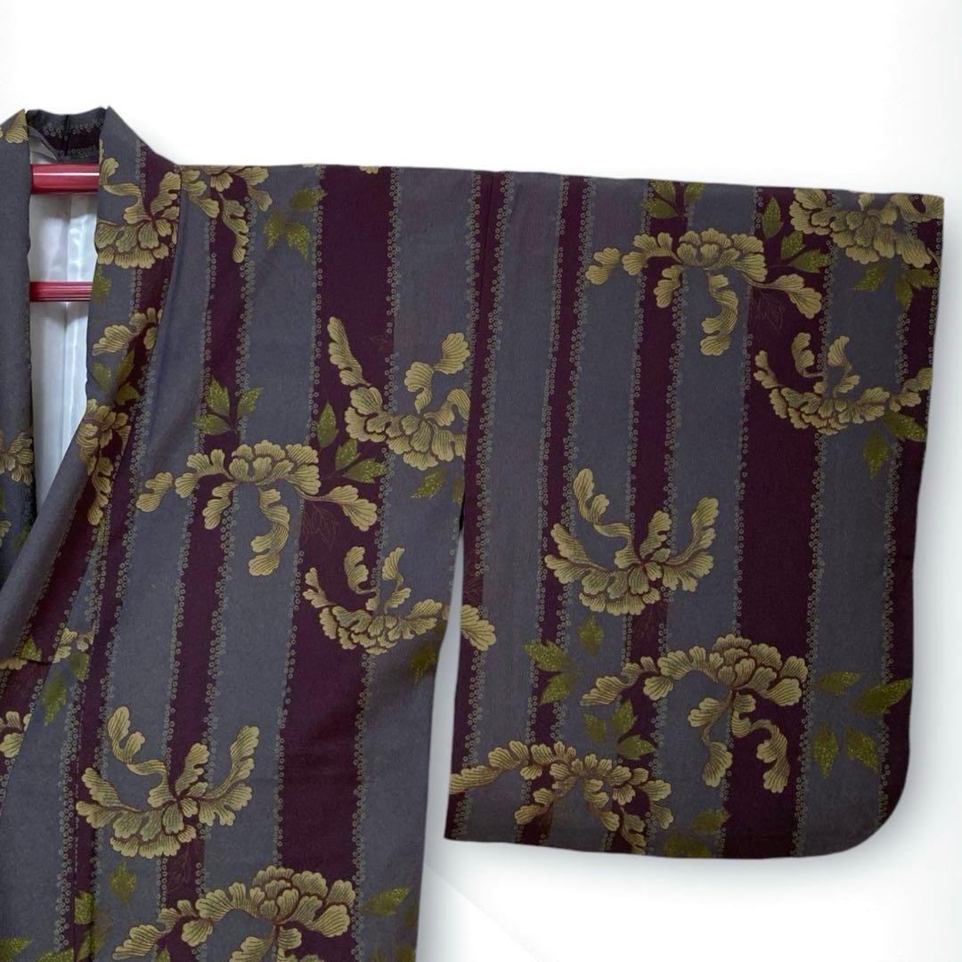 美品✨】撫松庵 洗える着物 小紋 牡丹 縦縞 灰紫 灰青紫 アンティーク調