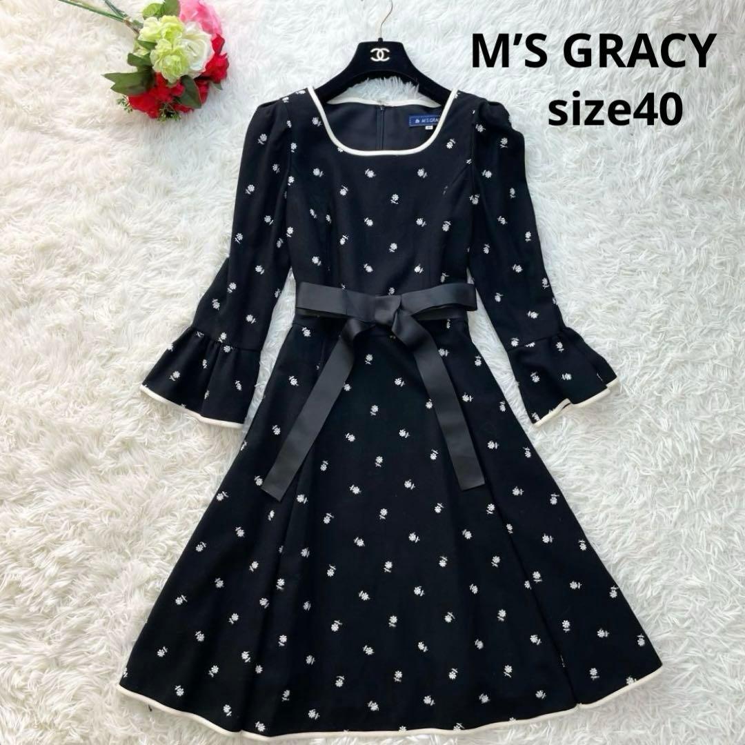 大きいサイズ✨エムズグレイシー ワンピース 40 L 黒 花 リボン A