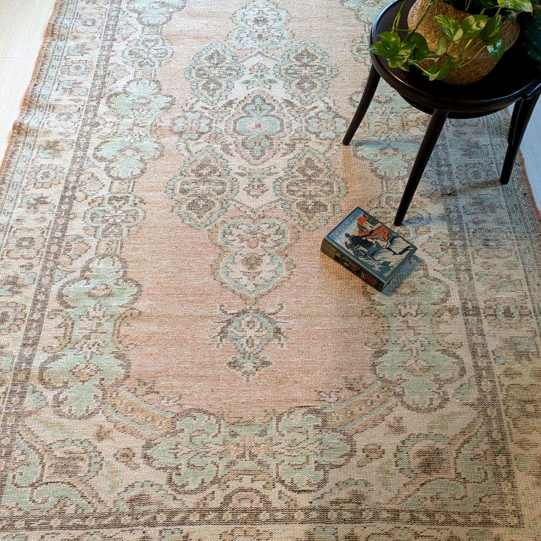 大判163×258 シャビーサーモン×エメラルドグリーン　トルコヴィンテージラグ シャビーオレンジ89×108ブルー ベージュ 正方形 トルコヴィンテージ