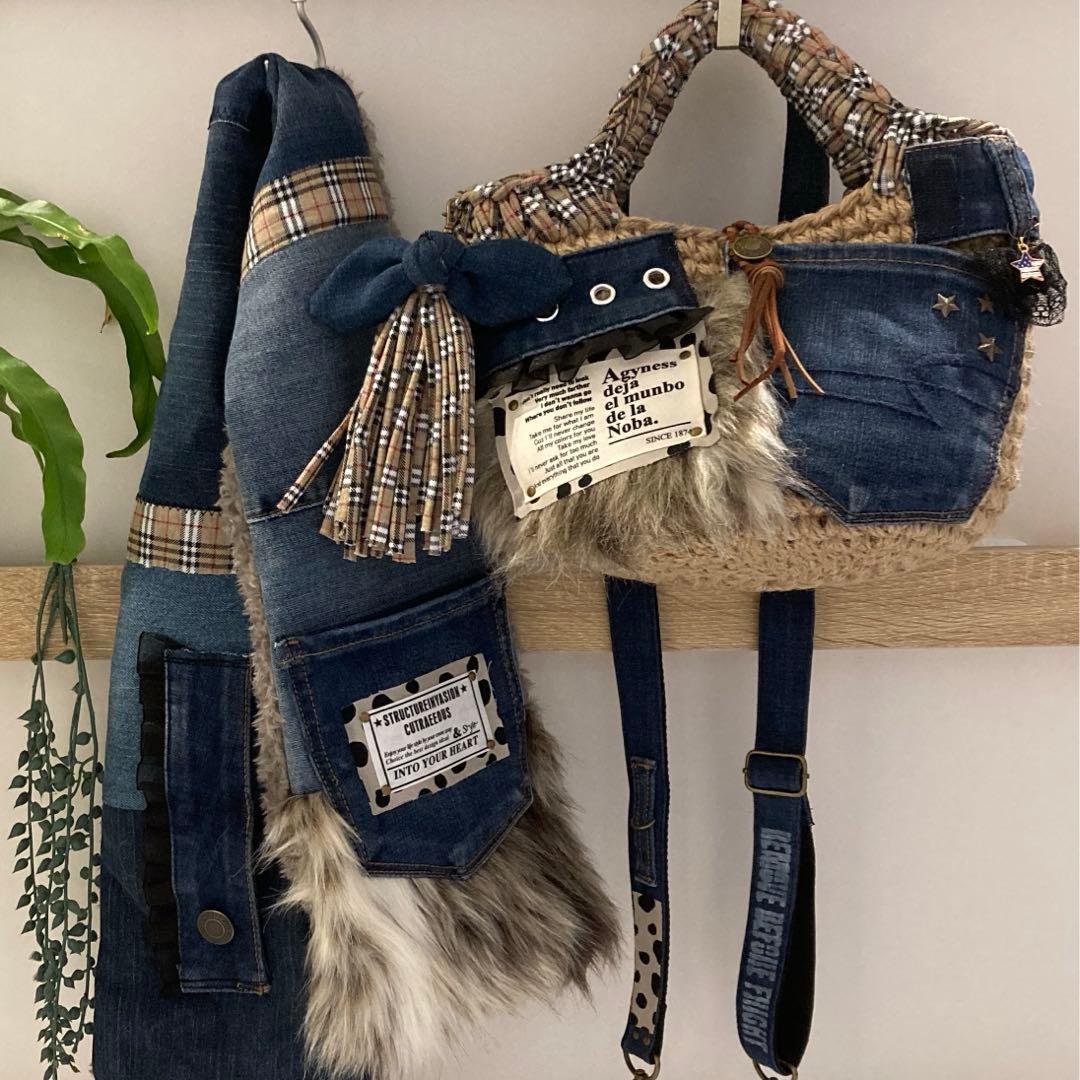 ハンドメイドバッグ デニムリメイクバッグ リメイクマフラー Hiroko様専用
