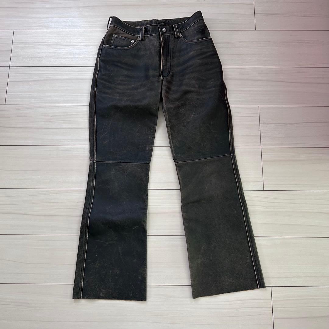 Harley-Davidson レザーフレアパンツ ブラック ユーズド加工 - メルカリ