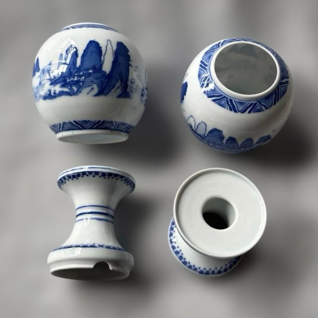 中国美術 内絵 飾り壺 2客セット 台座付 ぼんぼり風 染付 磁器