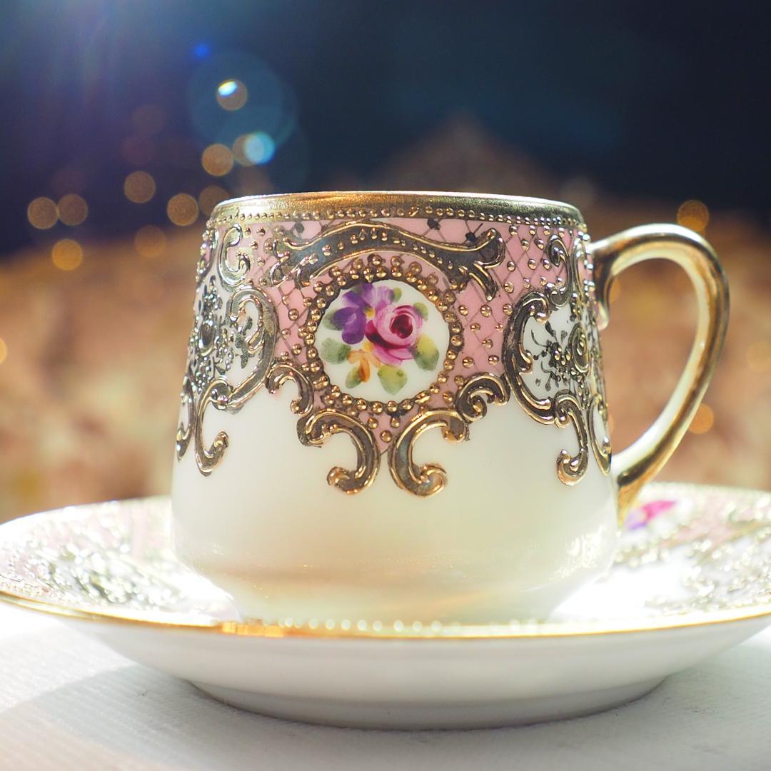 オールドノリタケ 金盛上陽刻桃地薔薇図紋 マルキ印 里帰り