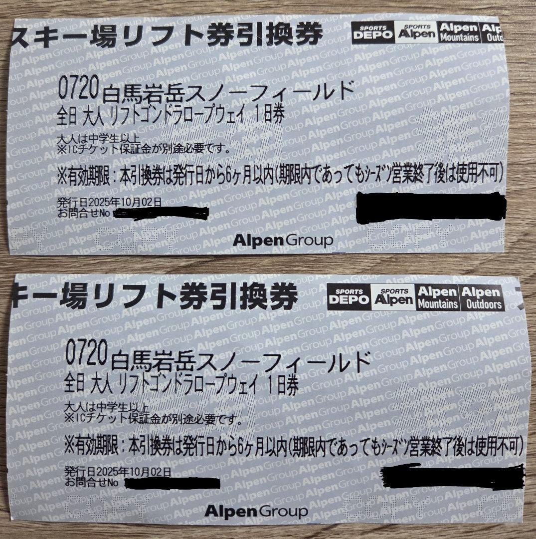 白馬岩岳スノーフィールド 全日リフト1日券 引換券 2枚 - メルカリ