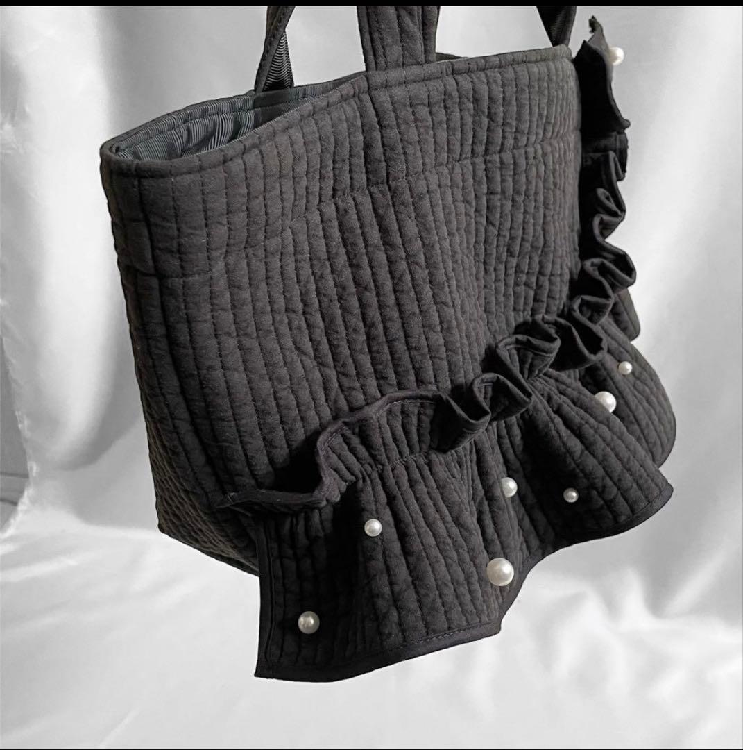 新作♡ヌビバッグ フリルギャザー ブラック パール 底板マグネット付き