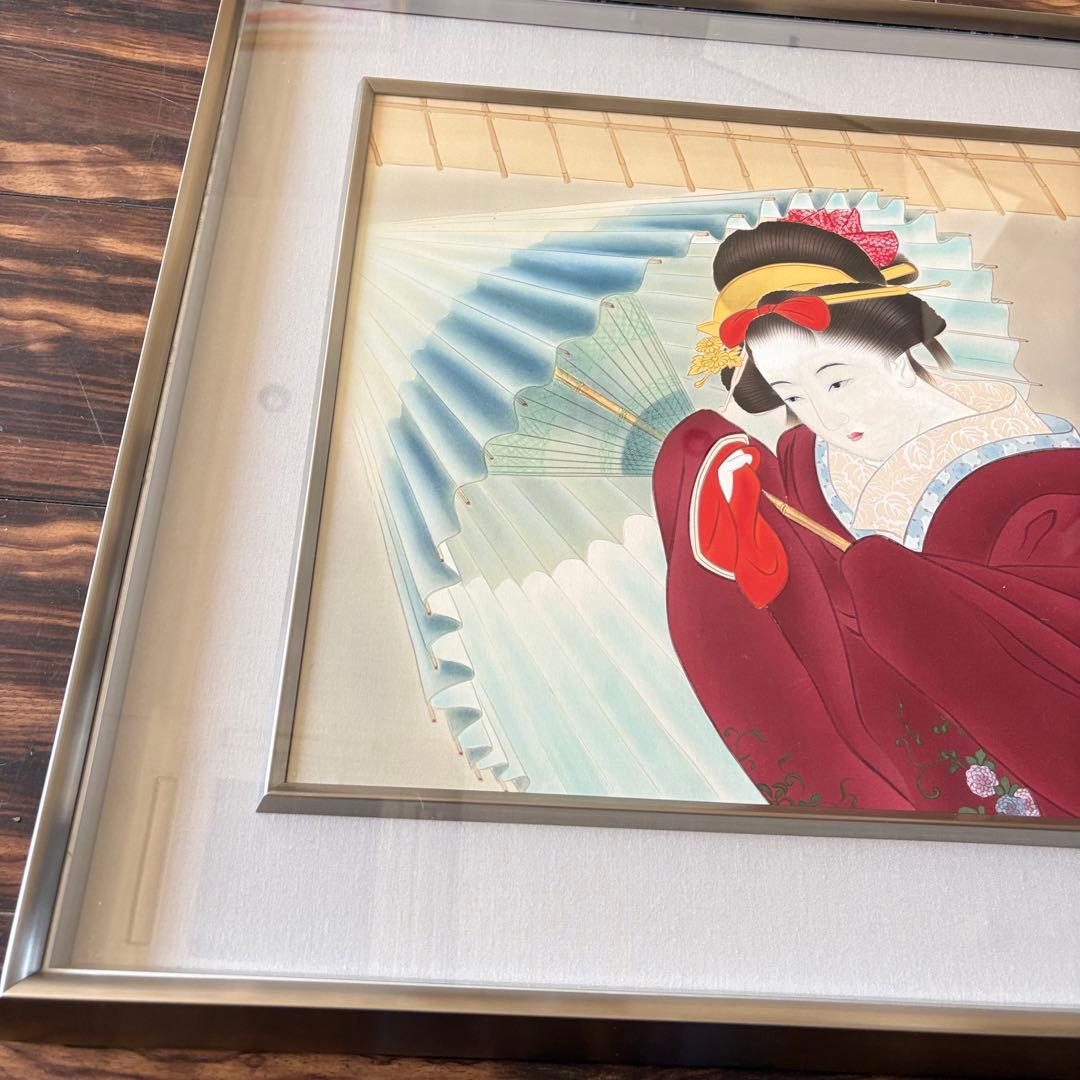 堀江浮水 (堀江豊生) 肉筆「雨乃日」額装 美人画 日本画 A