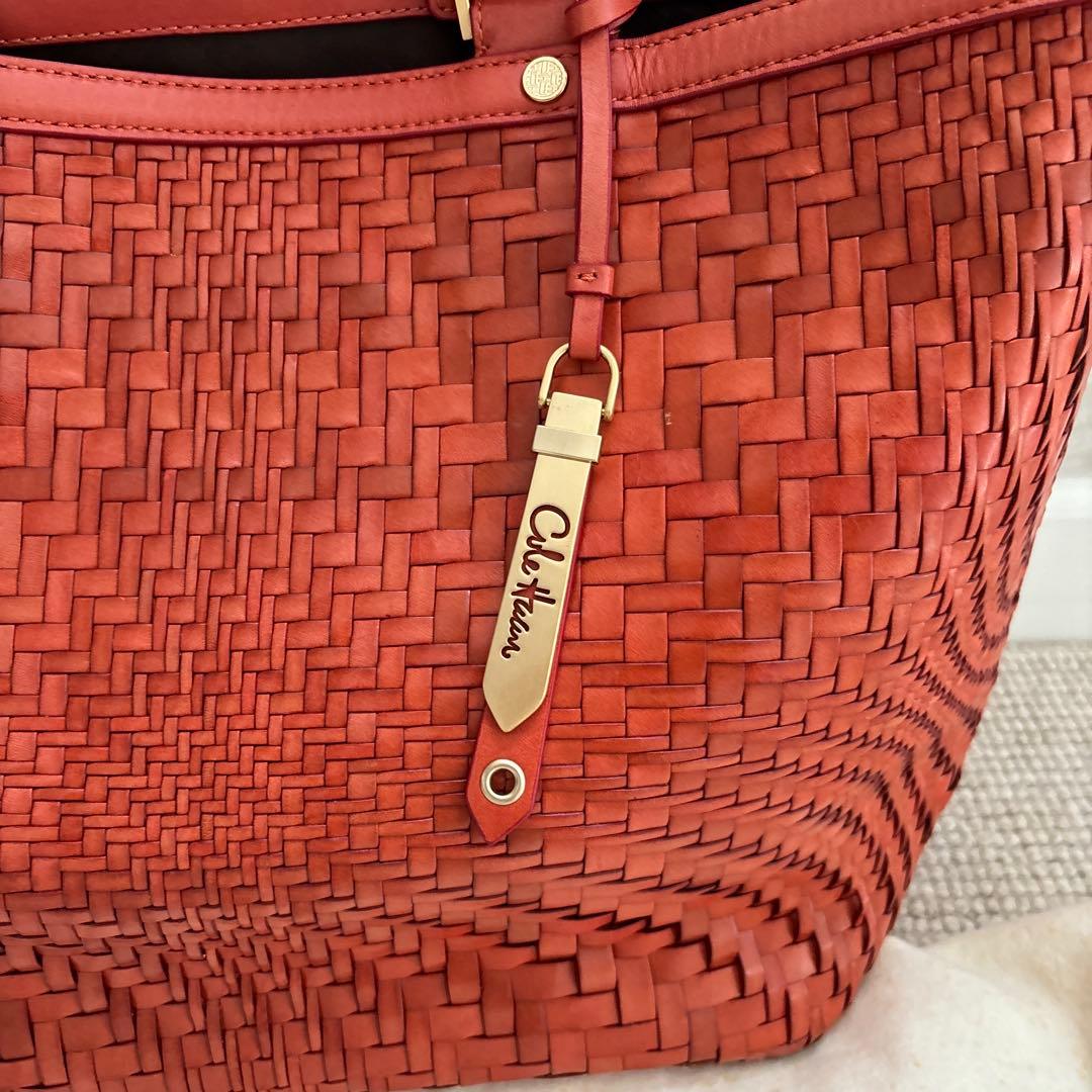コールハンカゴ編みレザー トートバッグ オレンジ色 - メルカリ