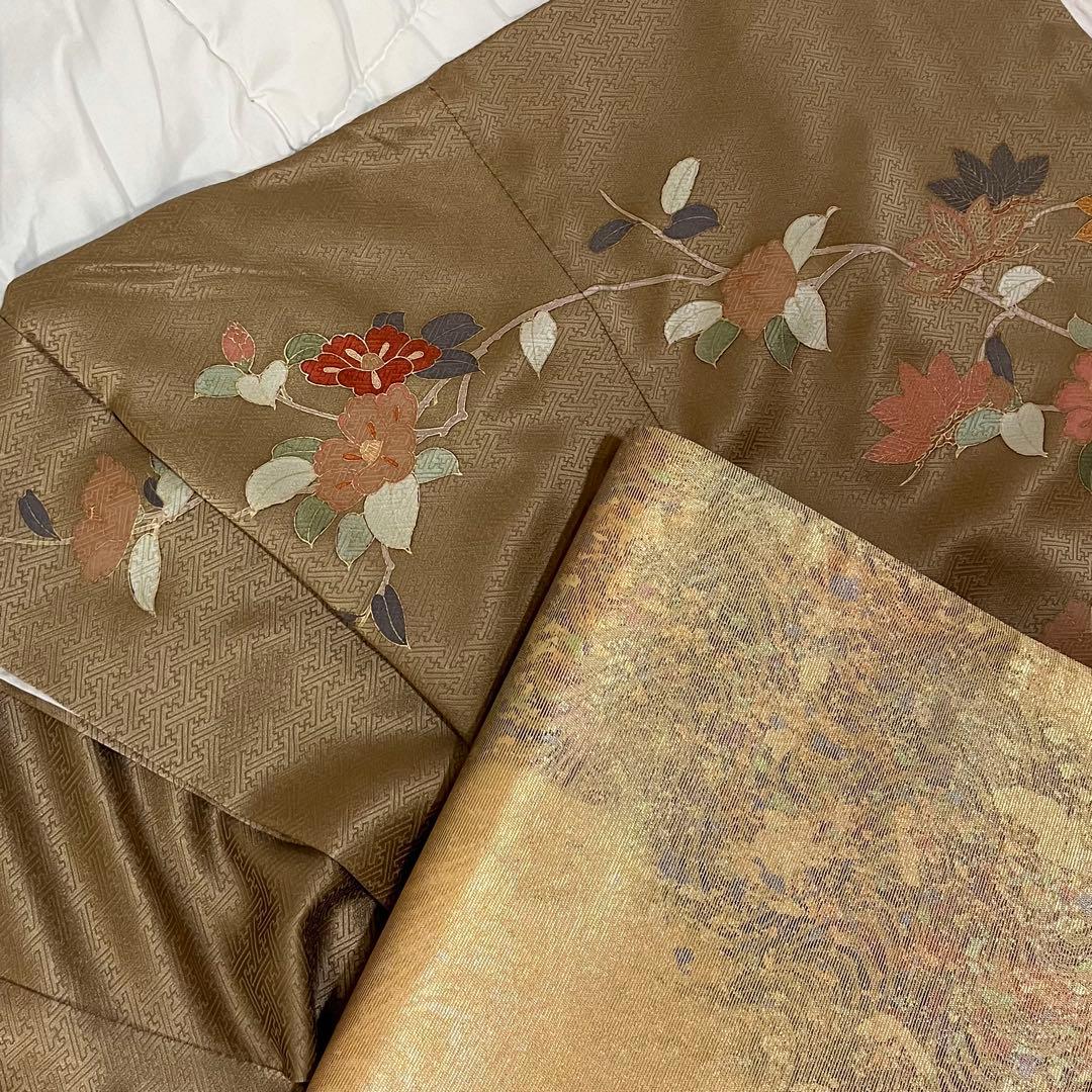 訪問着 付下げ 袷 正絹 ブラウン 茶色 ブロンズ トールサイズ ロング丈