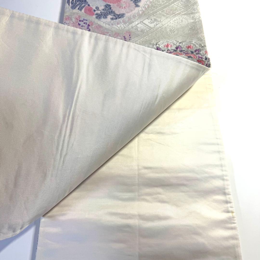 5k2780 袋帯 絹 唐織 プラチナ箔 正倉院文様 華文 銀色 白 ピンク 紫