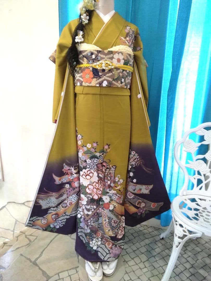 振袖フルセット、正絹成人式、新品未使用、重ね衿帯揚げ帯締め、帯
