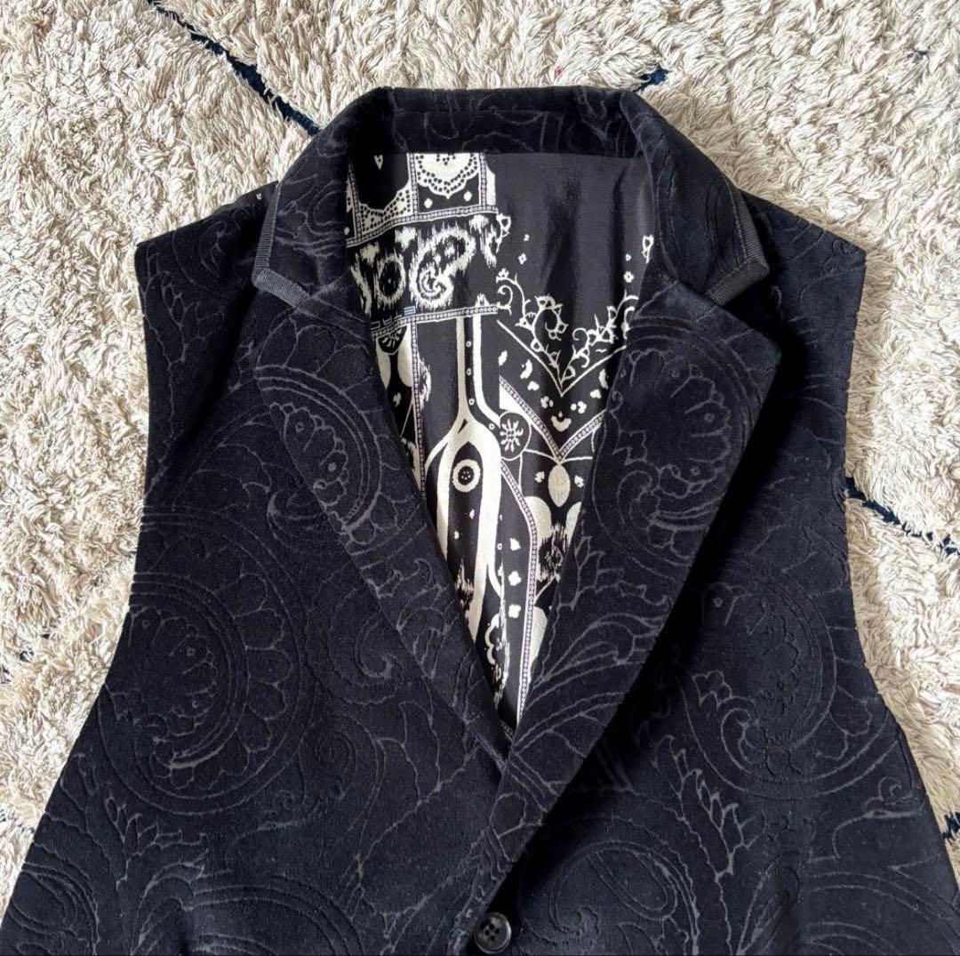 希少】エトロ／ジレ／ベスト／シルク／ベロア／ペイズリー／ブラック／L