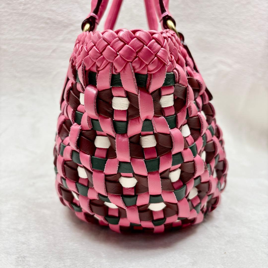 COACH コーチ ウーブントート ピンク 編み込みレザー かごバッグ